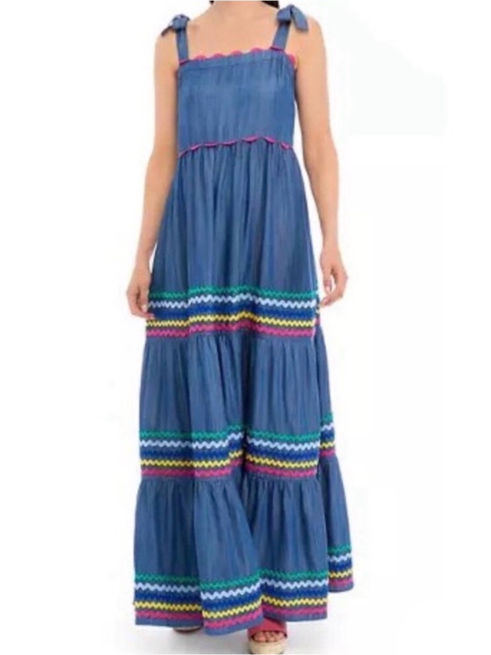 Crown & Ivy Sleeveless Chambray Tiered Maxi Dress with Ric Rac Trim, size M